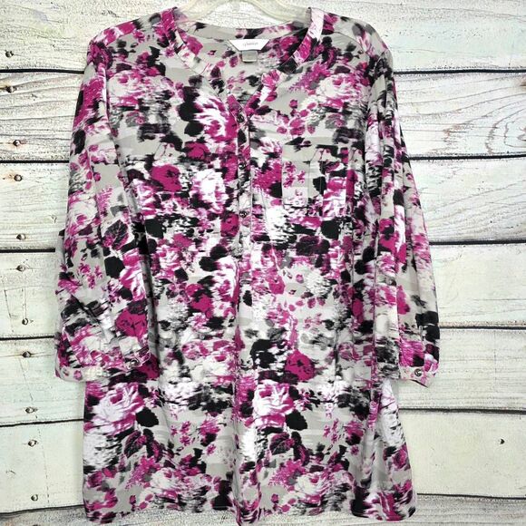 CJ Banks 2X Pink Gray Floral Long Sleeve Tunic - Picture 1 of 10